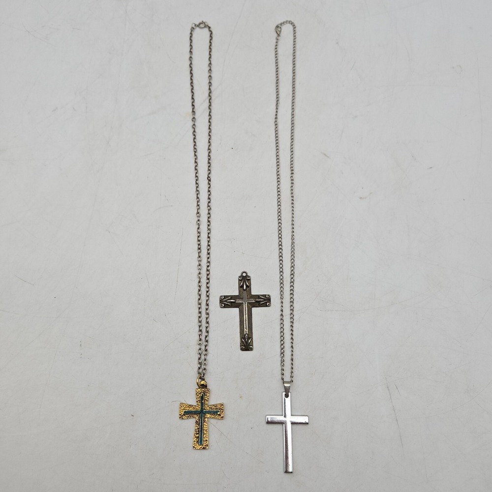 Mens Cross Pendant Necklace Lot of 3 Silver Gold Toned